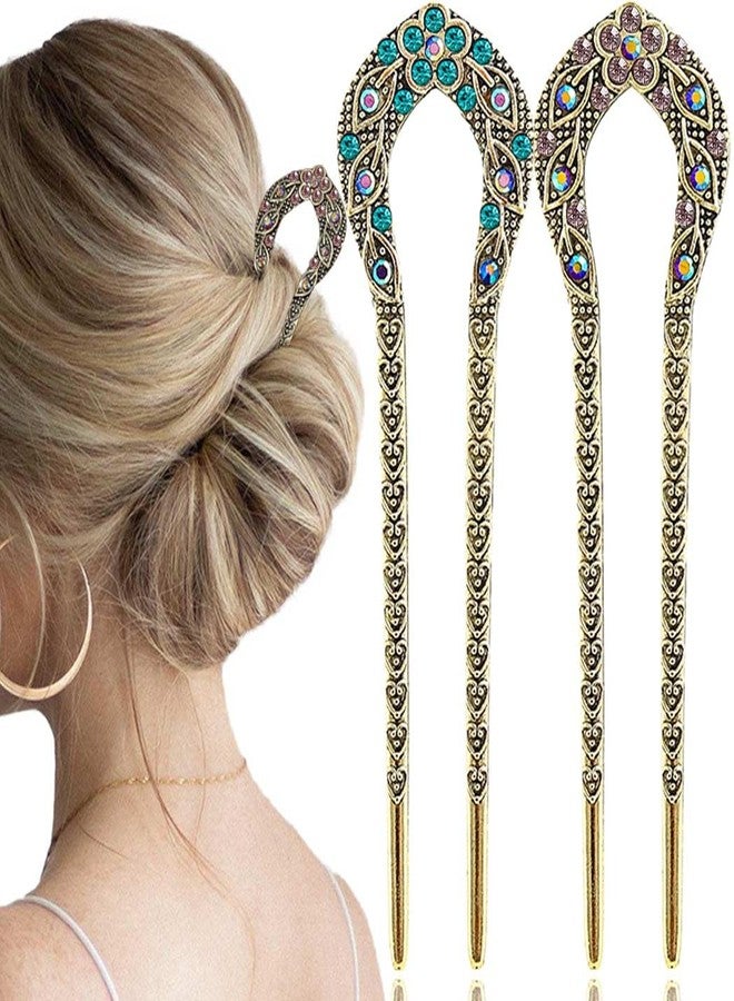 Outyua 2PCS French Hair Pin for Women Vintage French Twist Hair Pin with Rhinestone Crystal Metal U Shaped Hair Fork Chignon Hairpin - Image 1